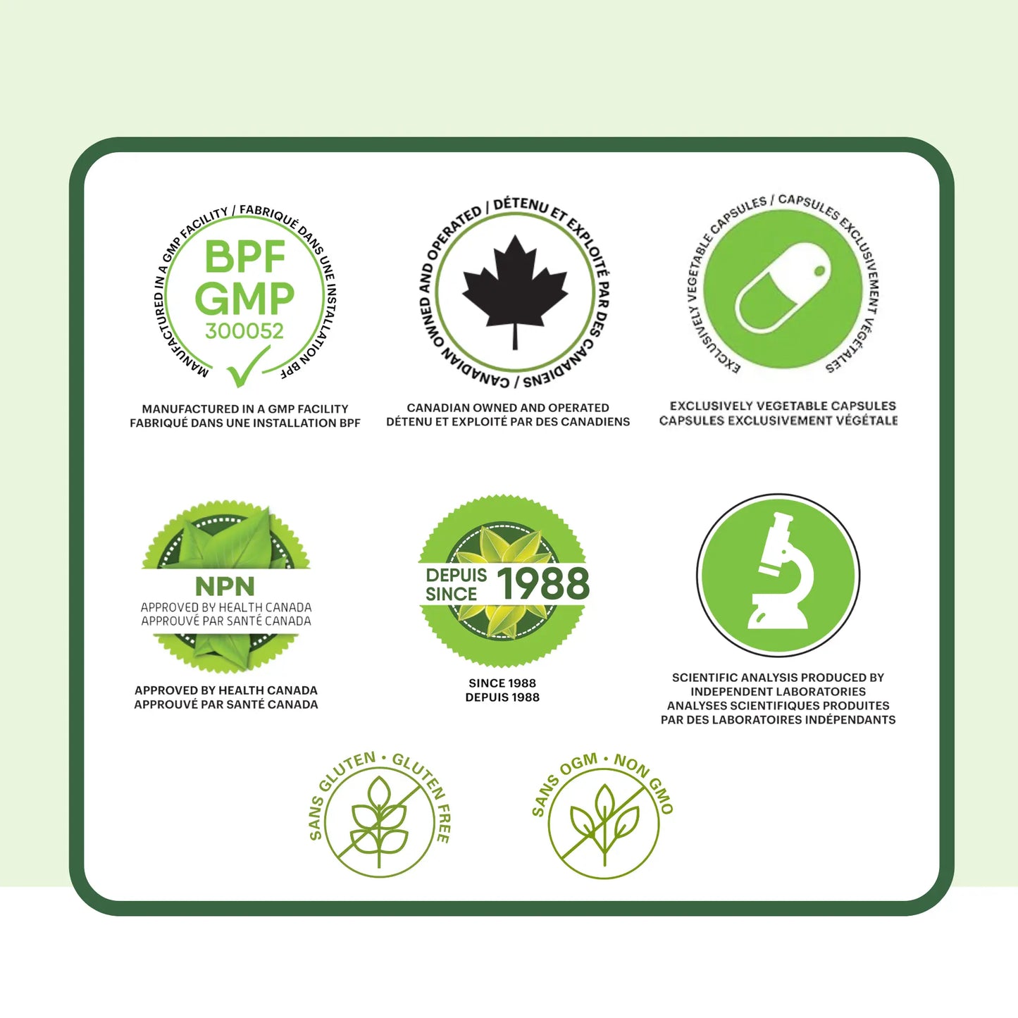 Certifications du supplément ashwagandha Phytovie, fabrication GMP, approuvé par Santé Canada, capsules végétales, sans gluten et sans OGM