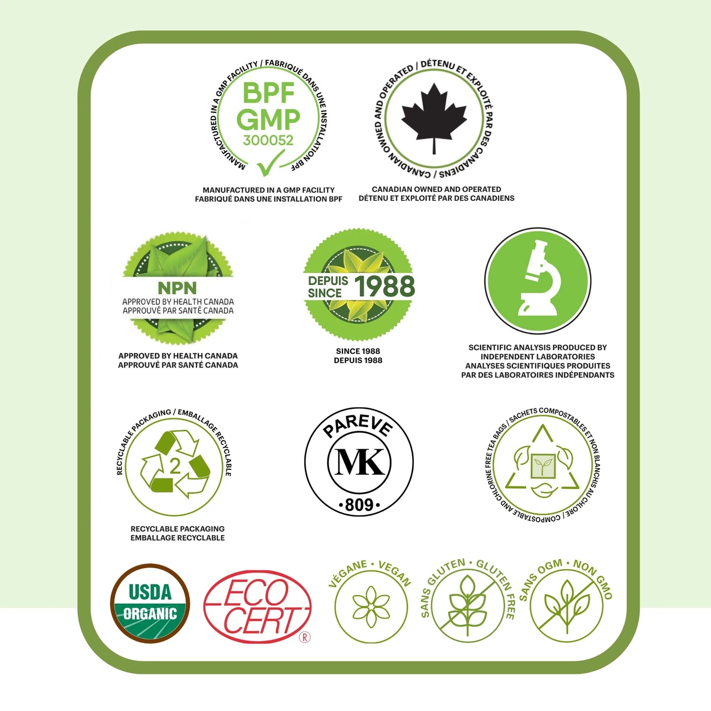 Certifications et qualité de la tisane Méditation Phytovie incluant NPN approuvé par Santé Canada et ingrédients biologiques contrôlés