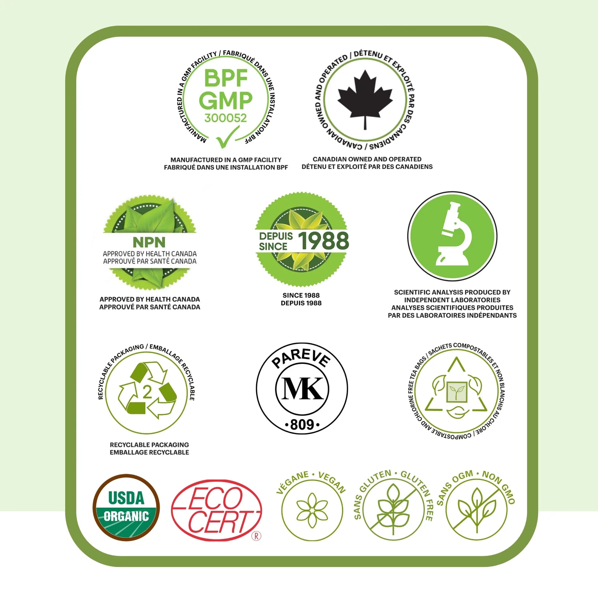 Certifications et qualité de la tisane Méditation Phytovie incluant NPN approuvé par Santé Canada et ingrédients biologiques contrôlés