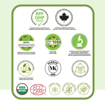 Certifications et qualité de la tisane Méditation Phytovie incluant NPN approuvé par Santé Canada et ingrédients biologiques contrôlés