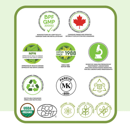 Certifications qualité tisane de valériane incluant GMP, approuvé Santé Canada NPN, fabriqué au Canada, bio, végan, sans gluten et sans OGM
