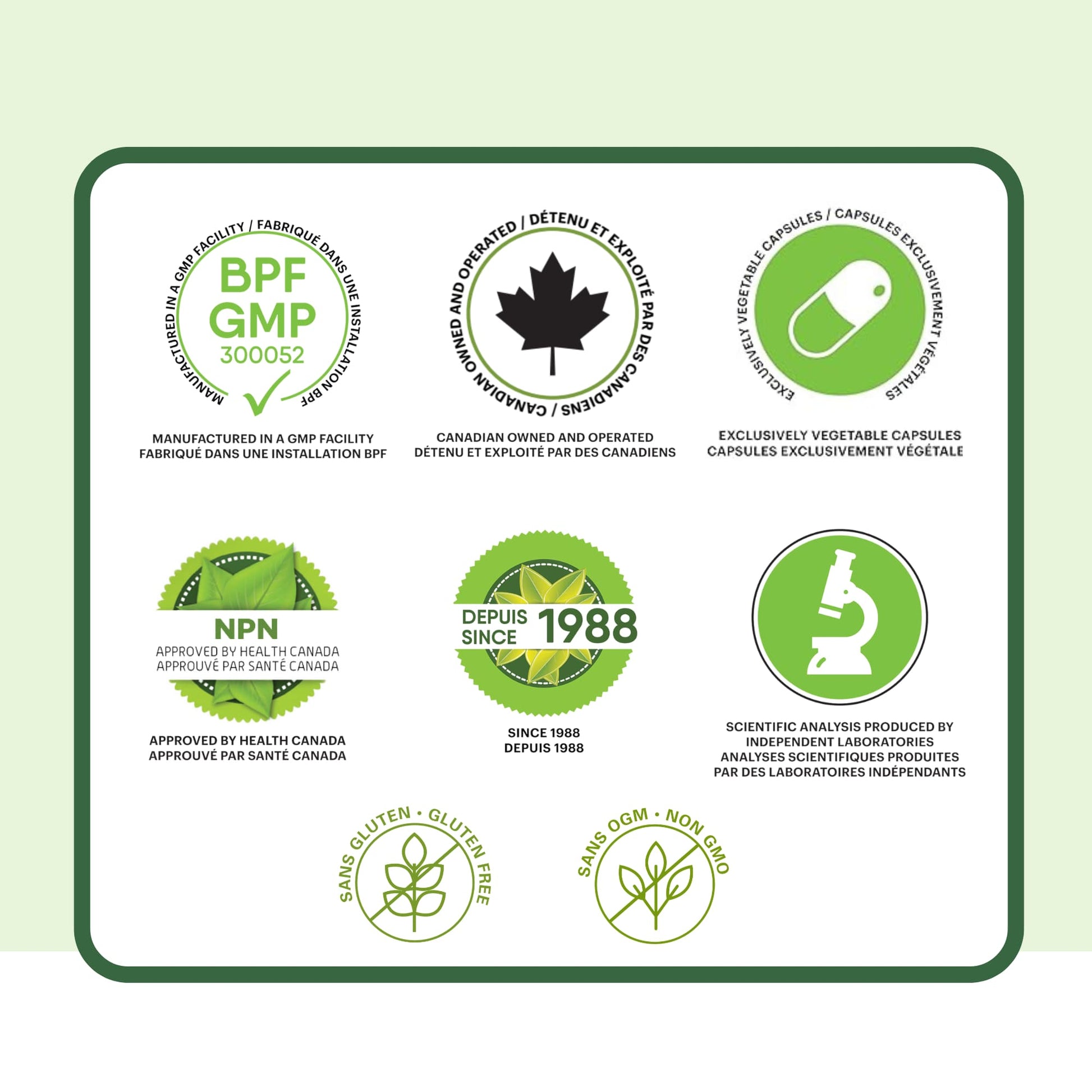 Certifications du supplément Boswellia Phytovie, fabrication GMP, approuvé par Santé Canada, capsules végétales, sans gluten et sans OGM