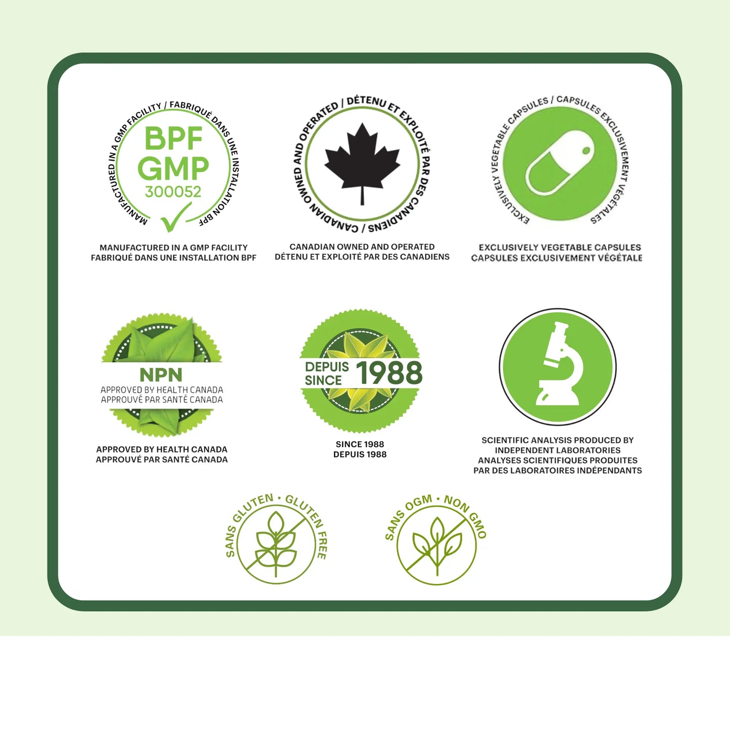 Certifications du supplément guimauve Phytovie, fabrication GMP, approuvé par Santé Canada, capsules végétales, sans gluten et sans OGM