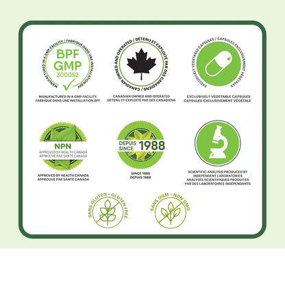 Certifications du supplément guimauve Phytovie, fabrication GMP, approuvé par Santé Canada, capsules végétales, sans gluten et sans OGM