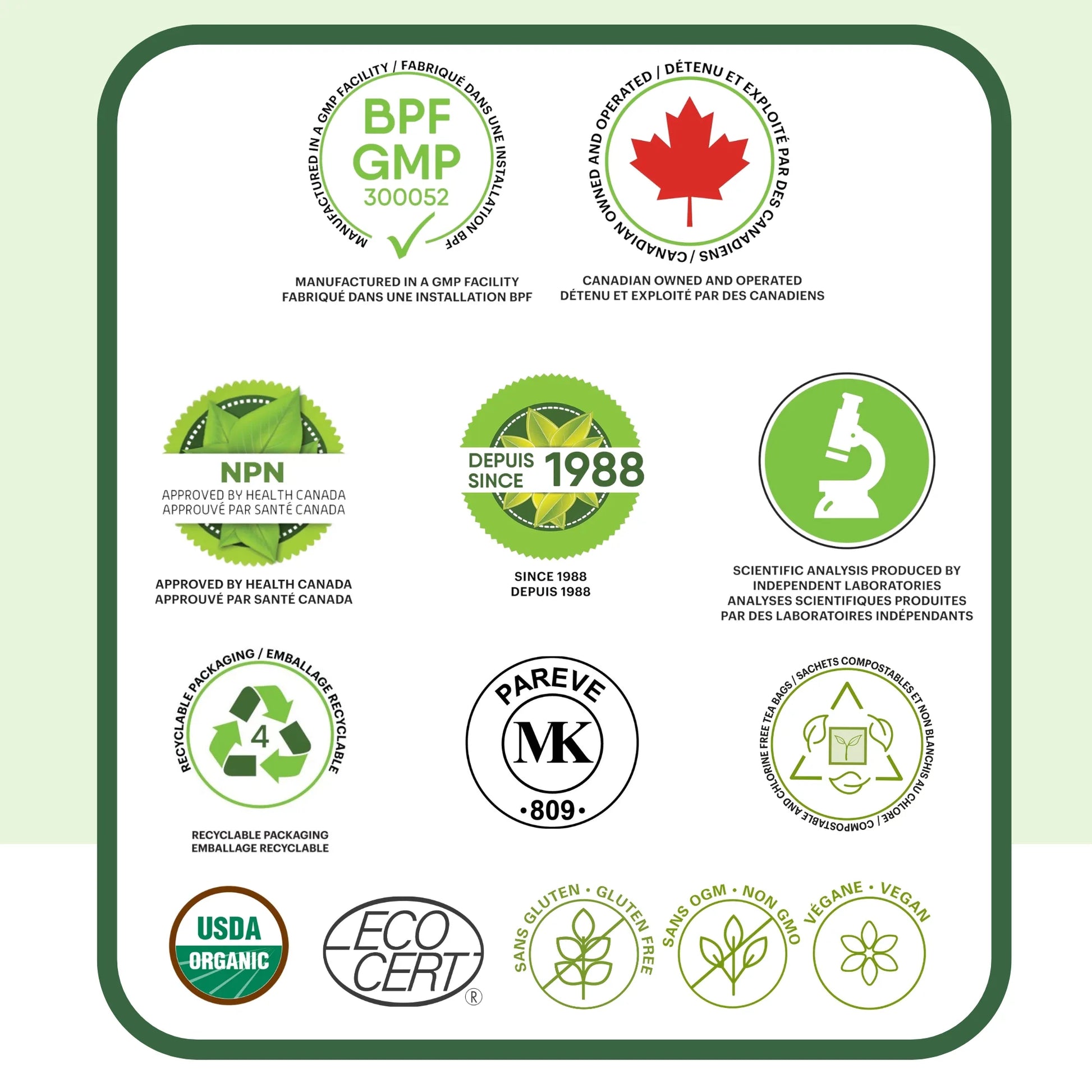 Certifications et qualité de la tisane de mélisse Phytovie incluant NPN approuvé par Santé Canada et ingrédients biologiques contrôlés