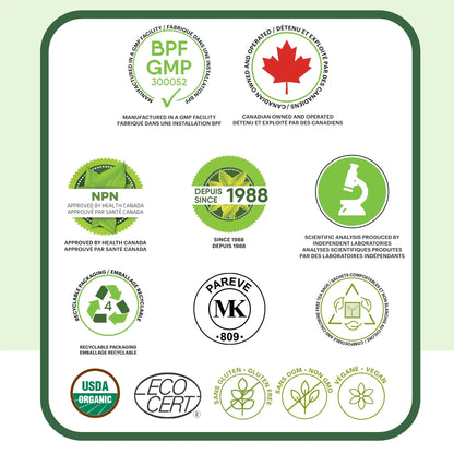 Certifications et qualité de la tisane de mélisse Phytovie incluant NPN approuvé par Santé Canada et ingrédients biologiques contrôlés