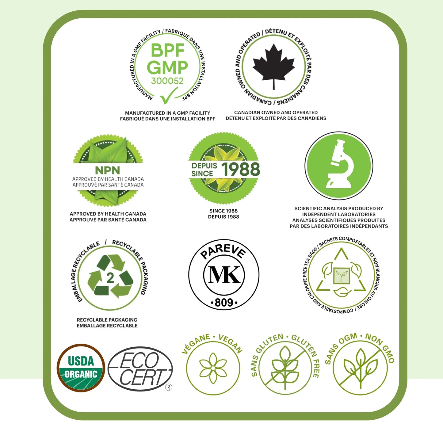 Certifications qualité tisane de racine de pissenlit incluant GMP, approuvé Santé Canada NPN, fabriqué au Canada, bio, végan, sans gluten et sans OGM