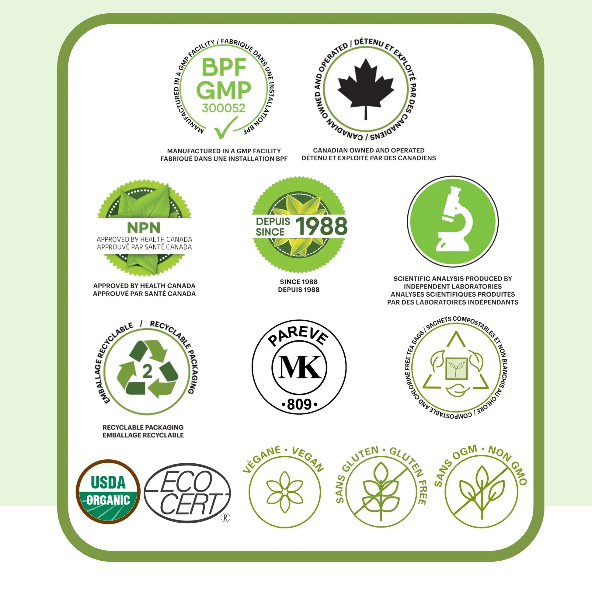 Certifications qualité tisane de racine de pissenlit incluant GMP, approuvé Santé Canada NPN, fabriqué au Canada, bio, végan, sans gluten et sans OGM