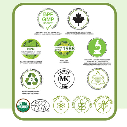 Certifications qualité tisane de racine de pissenlit incluant GMP, approuvé Santé Canada NPN, fabriqué au Canada, bio, végan, sans gluten et sans OGM
