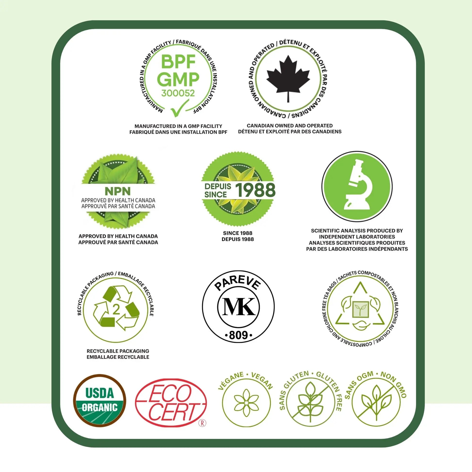 Badges et certifications Phytovie pour la tisane de vigne rouge : fabriqué au Canada, approuvé par Santé Canada (NPN), installation certifiée BPF/GMP, analyses scientifiques indépendantes, USDA Organic, ECOCERT, emballage recyclable, sans gluten, sans OGM et végane.