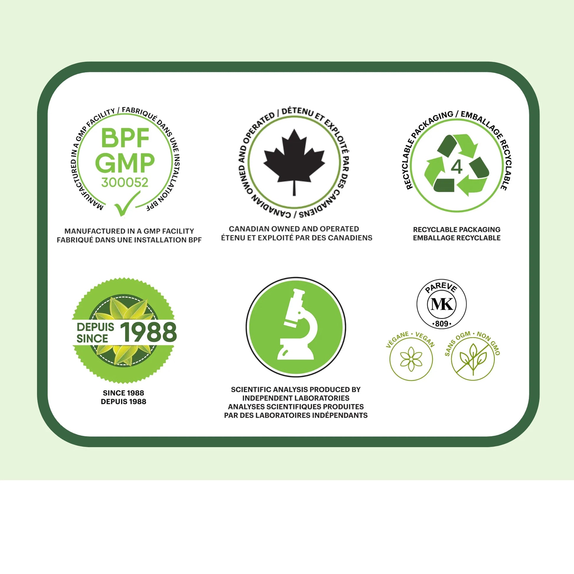 Certifications qualité thé vert Sencha incluant fabrication au Canada, ingrédients naturels, sans additifs, sans arômes artificiels et qualité supérieure
