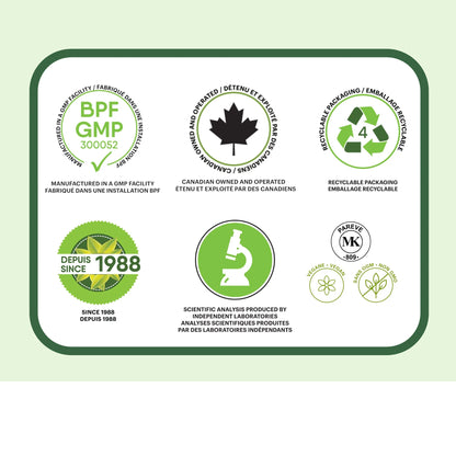Certifications qualité thé vert Sencha incluant fabrication au Canada, ingrédients naturels, sans additifs, sans arômes artificiels et qualité supérieure
