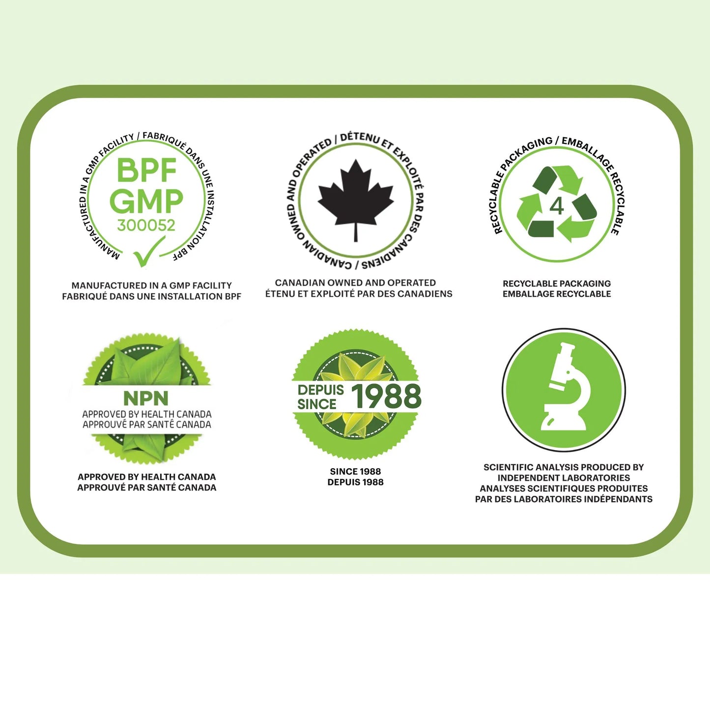 Certifications qualité tisane de valériane incluant GMP, approuvé Santé Canada NPN, fabriqué au Canada.
