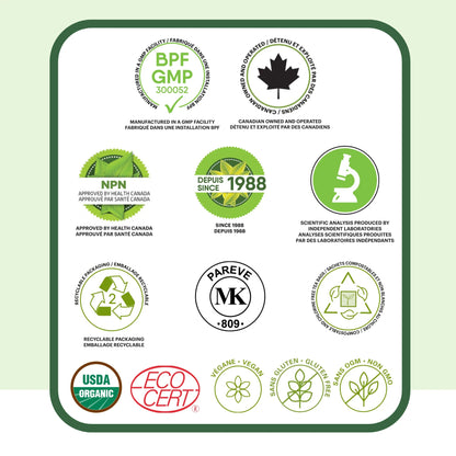Certifications de la tisane d’eucalyptus Phytovie incluant NPN approuvé par Santé Canada, qualité contrôlée et ingrédients biologiques
