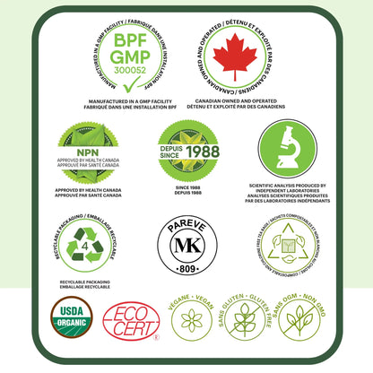 Certifications qualité tisane de basilic sacré incluant GMP, approuvé Santé Canada NPN, fabriqué au Canada, bio, végan, sans gluten et sans OGM