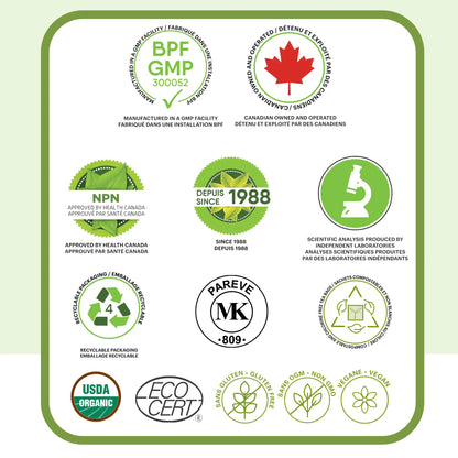 Certifications de la tisane gingembre Phytovie, approuvée par Santé Canada, fabrication GMP, USDA Organic, végane, sans OGM et emballage recyclable
