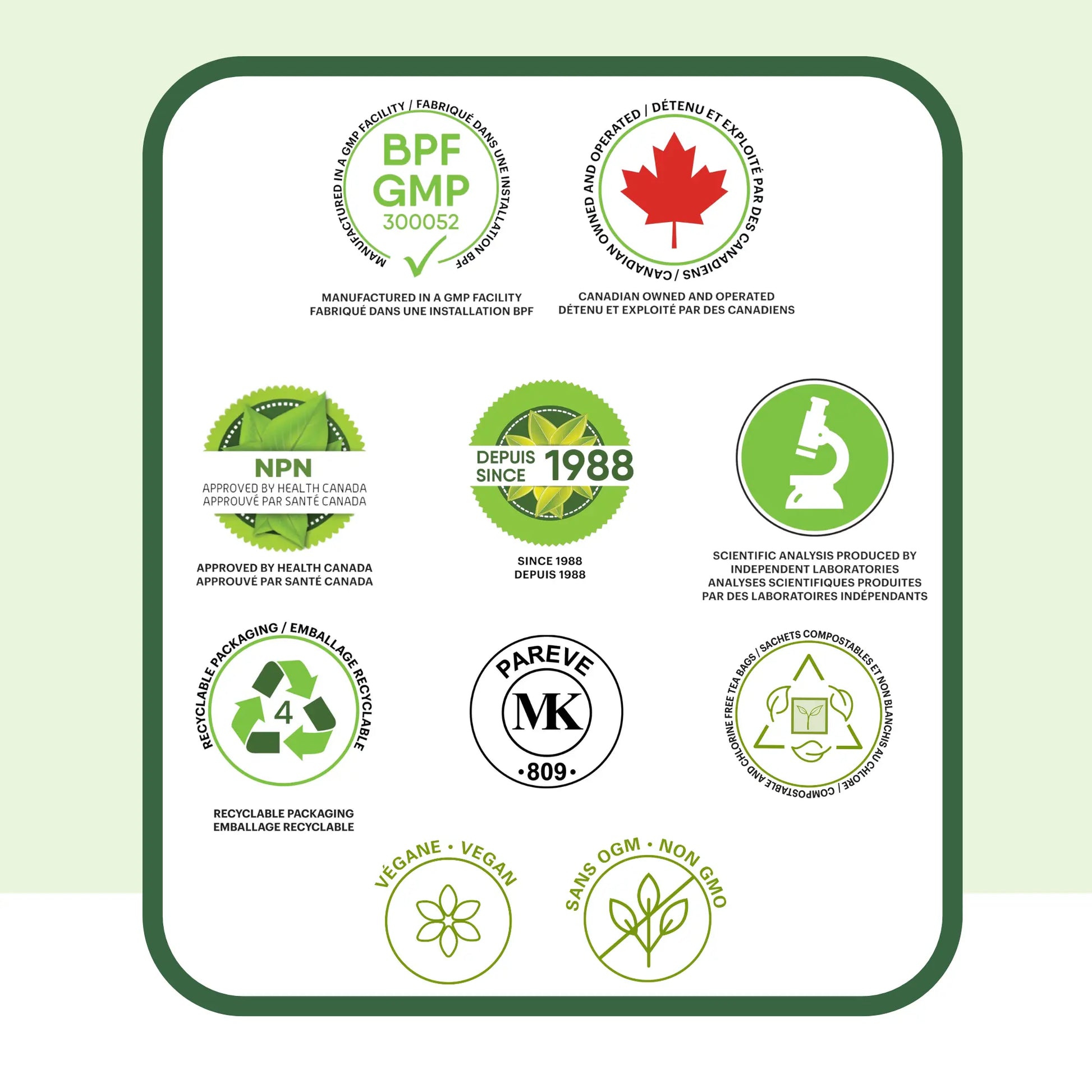 Icônes et certifications PhytoVie, produit végane, sans OGM, fabriqué au Canada, analyse scientifique, installation GMP, emballage recyclable

