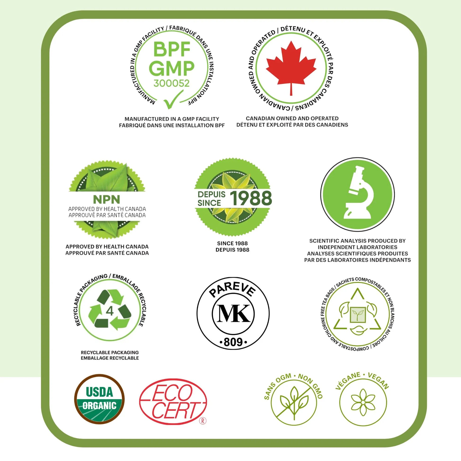 Certifications qualité tisane de verveine odorante incluant fabrication au Canada, ingrédients biologiques, sans additifs et de qualité supérieure