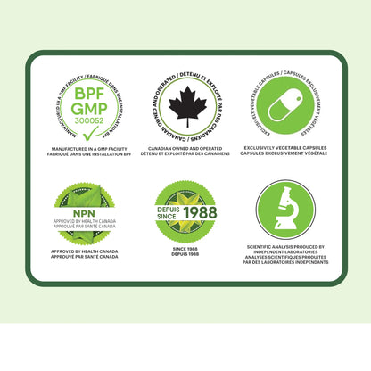 Certifications du supplément eucalyptus Phytovie, fabrication GMP, approuvé par Santé Canada, capsules végétales, sans gluten et sans OGM