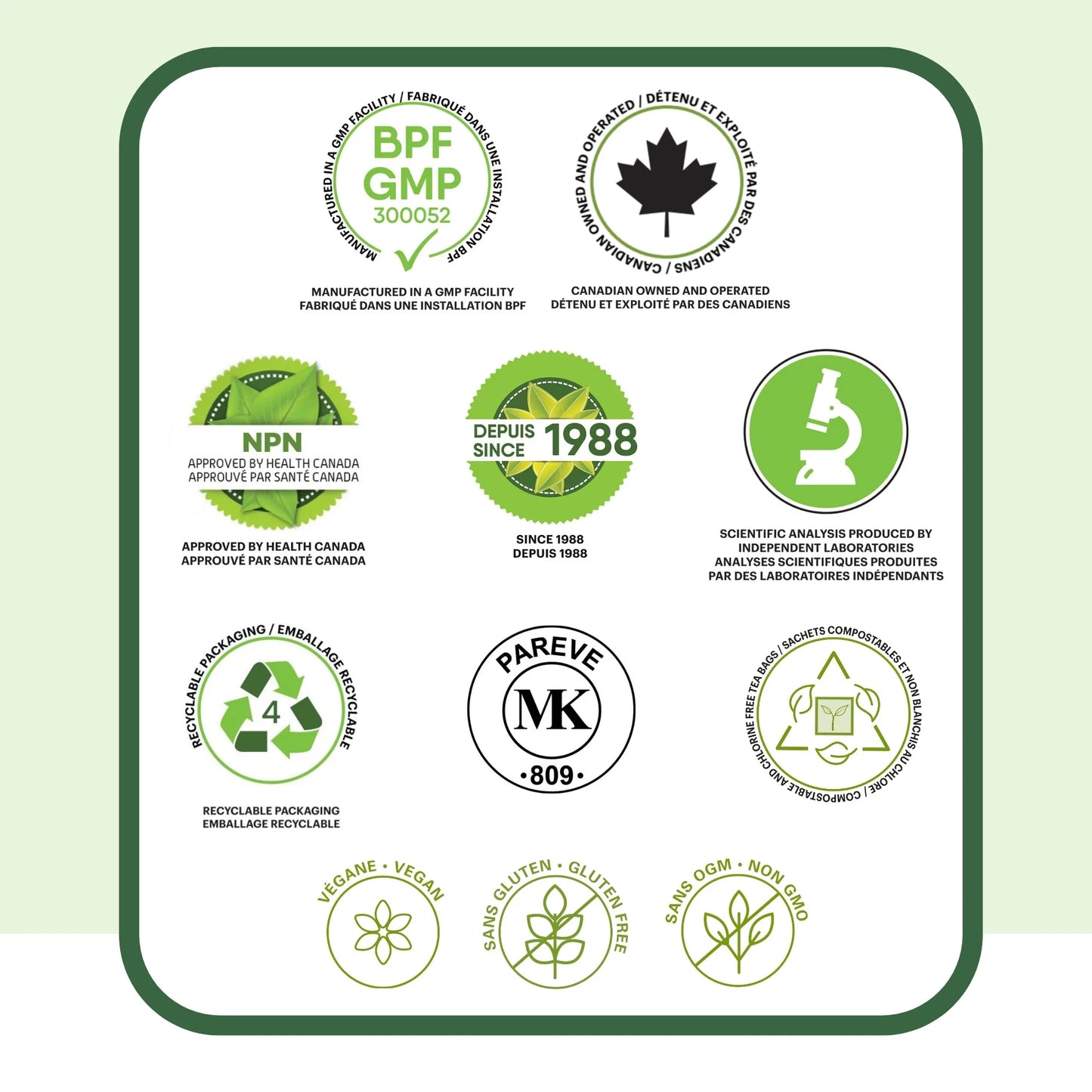 Certifications et qualité de la tisane Matin cuisse et jambe Phytovie incluant NPN approuvé par Santé Canada et formulation naturelle contrôlée
