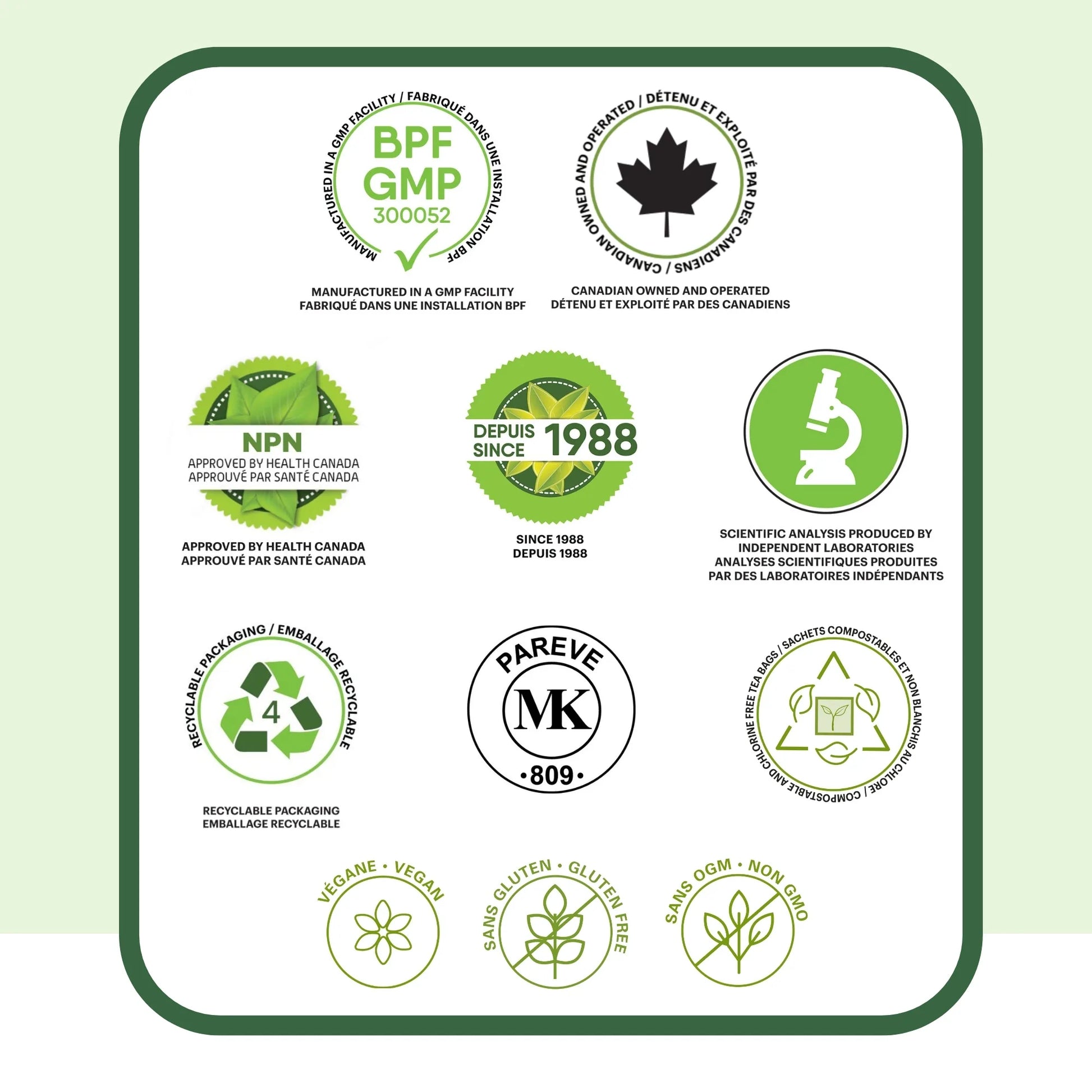 Certifications et qualité de la tisane Matin cuisse et jambe Phytovie incluant NPN approuvé par Santé Canada et formulation naturelle contrôlée
