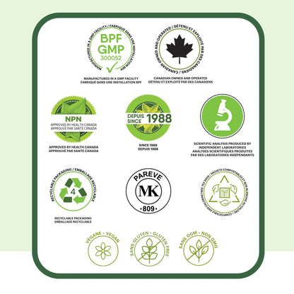 Certifications et qualité de la tisane Matin cuisse et jambe Phytovie incluant NPN approuvé par Santé Canada et formulation naturelle contrôlée
