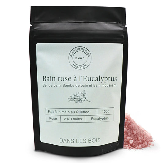 Bain moussant sel rose à l’eucalyptus 100 g avec cristaux roses sur fond blanc, soin relaxant et apaisant