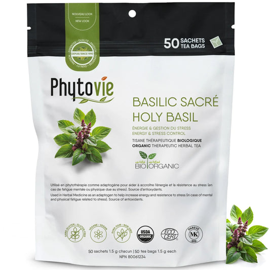 Tisane de basilic sacré 50 sachets sur fond blanc, infusion naturelle reconnue pour favoriser la relaxation et soutenir le bien-être quotidien