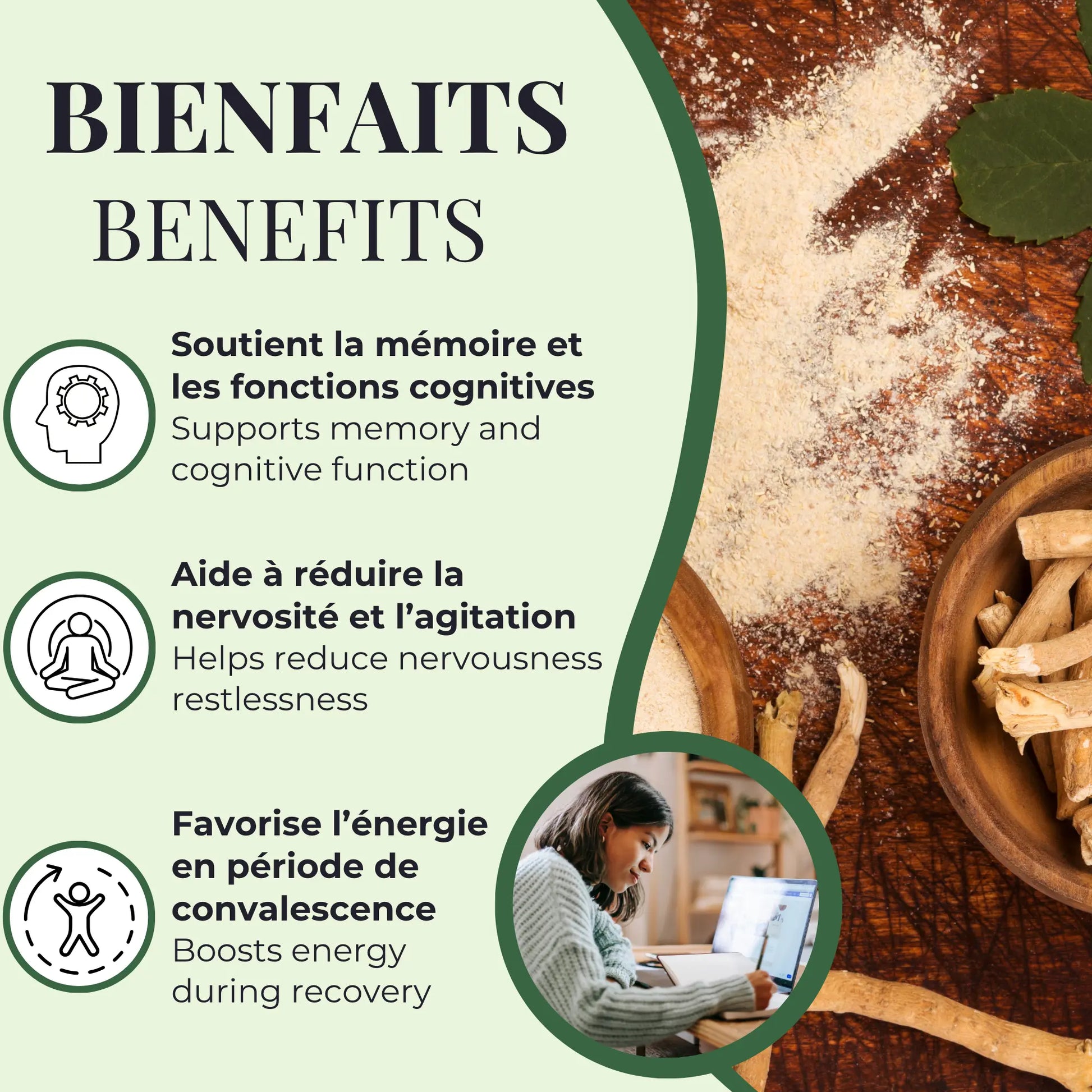 Bienfaits de l’ashwagandha Phytovie, soutient la mémoire et les fonctions cognitives, aide à réduire la nervosité et favorise l’énergie en convalescence