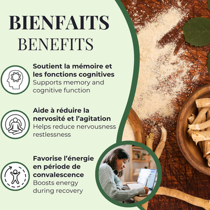Bienfaits de l’ashwagandha Phytovie, soutient la mémoire et les fonctions cognitives, aide à réduire la nervosité et favorise l’énergie en convalescence