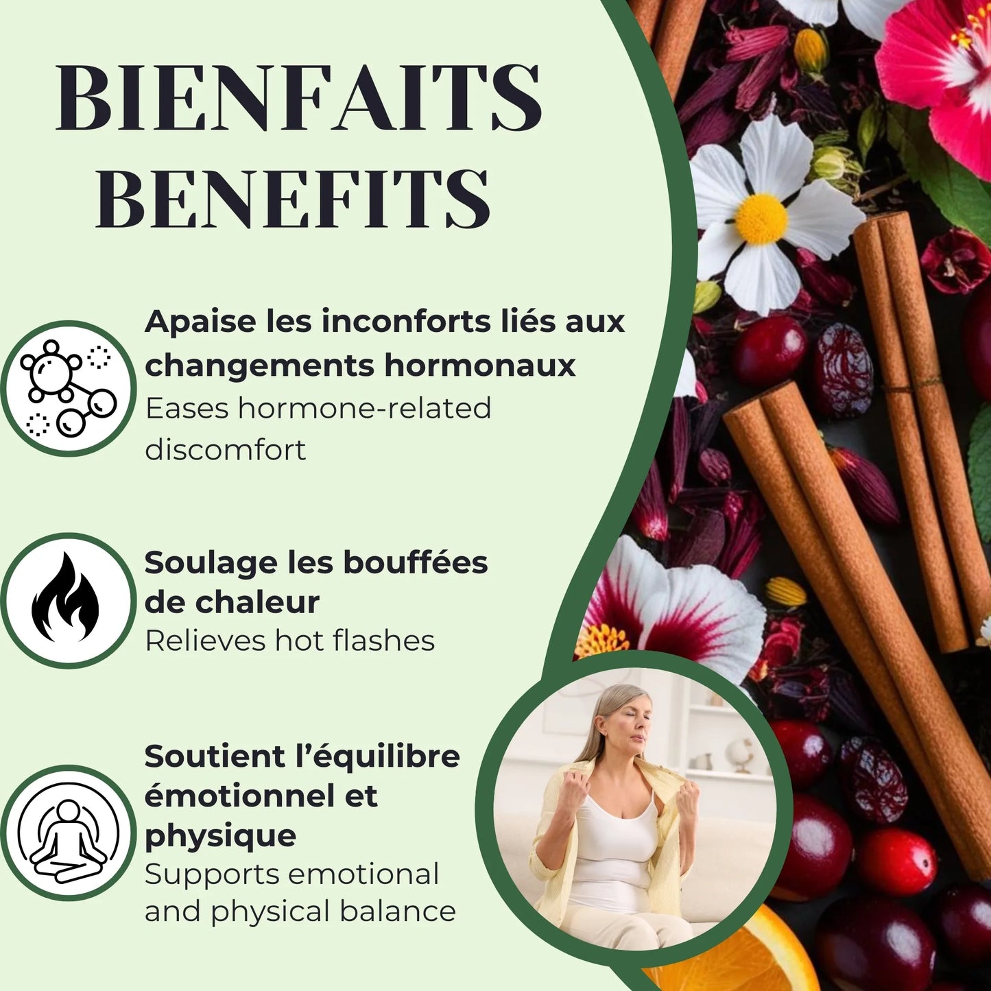 Bienfaits de la tisane Ménopause utilisée en phytothérapie pour aider à soulager les symptômes associés à la ménopause, dont les bouffées de chaleur