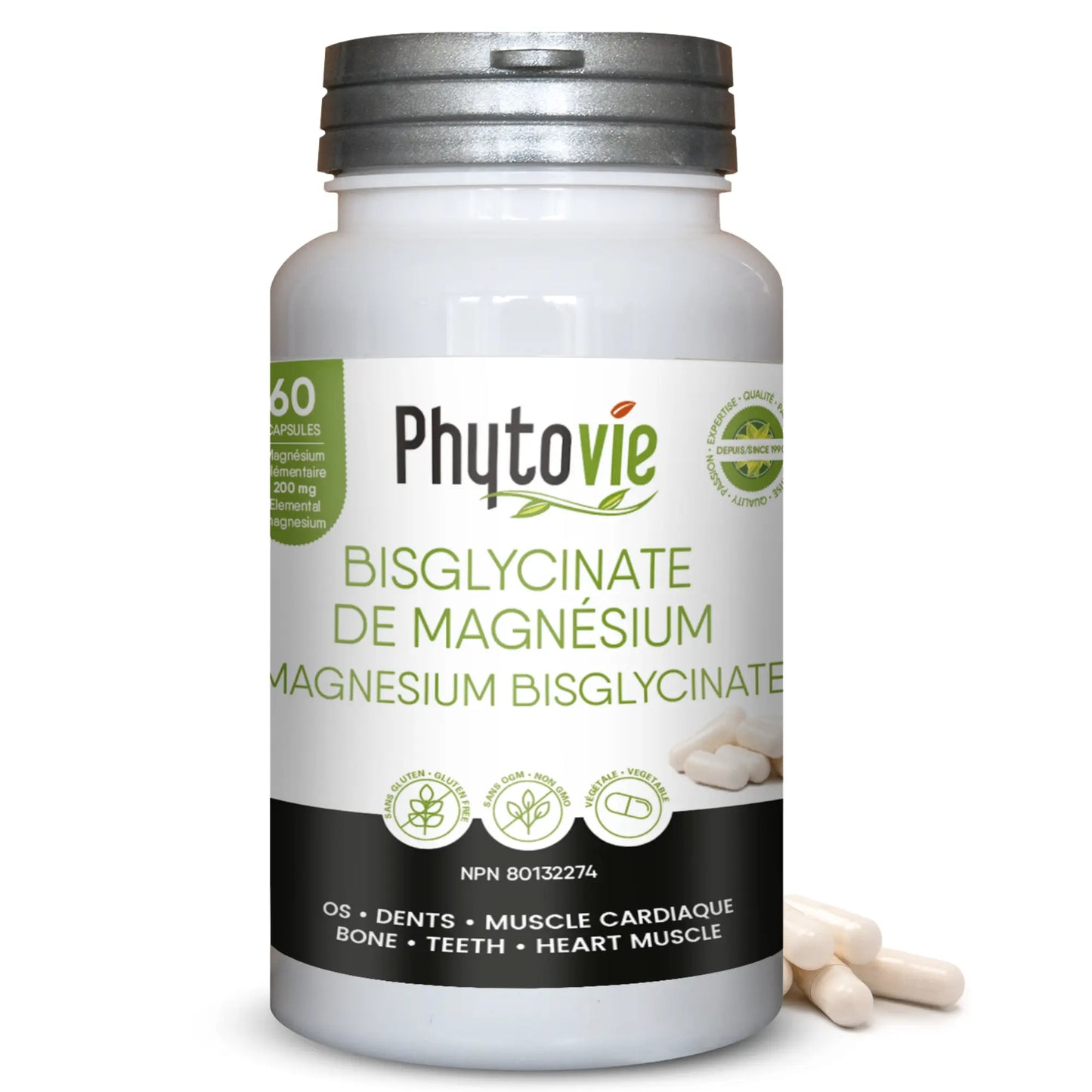 Capsules de bisglycinate de magnésium Phytovie 60 capsules, supplément minéral utilisé pour soutenir l’énergie, les muscles, les os et la fonction cardiaque