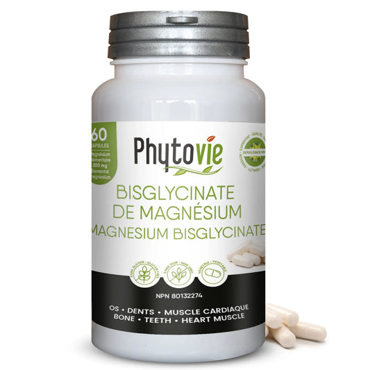 Capsules de bisglycinate de magnésium Phytovie 60 capsules, supplément minéral utilisé pour soutenir l’énergie, les muscles, les os et la fonction cardiaque