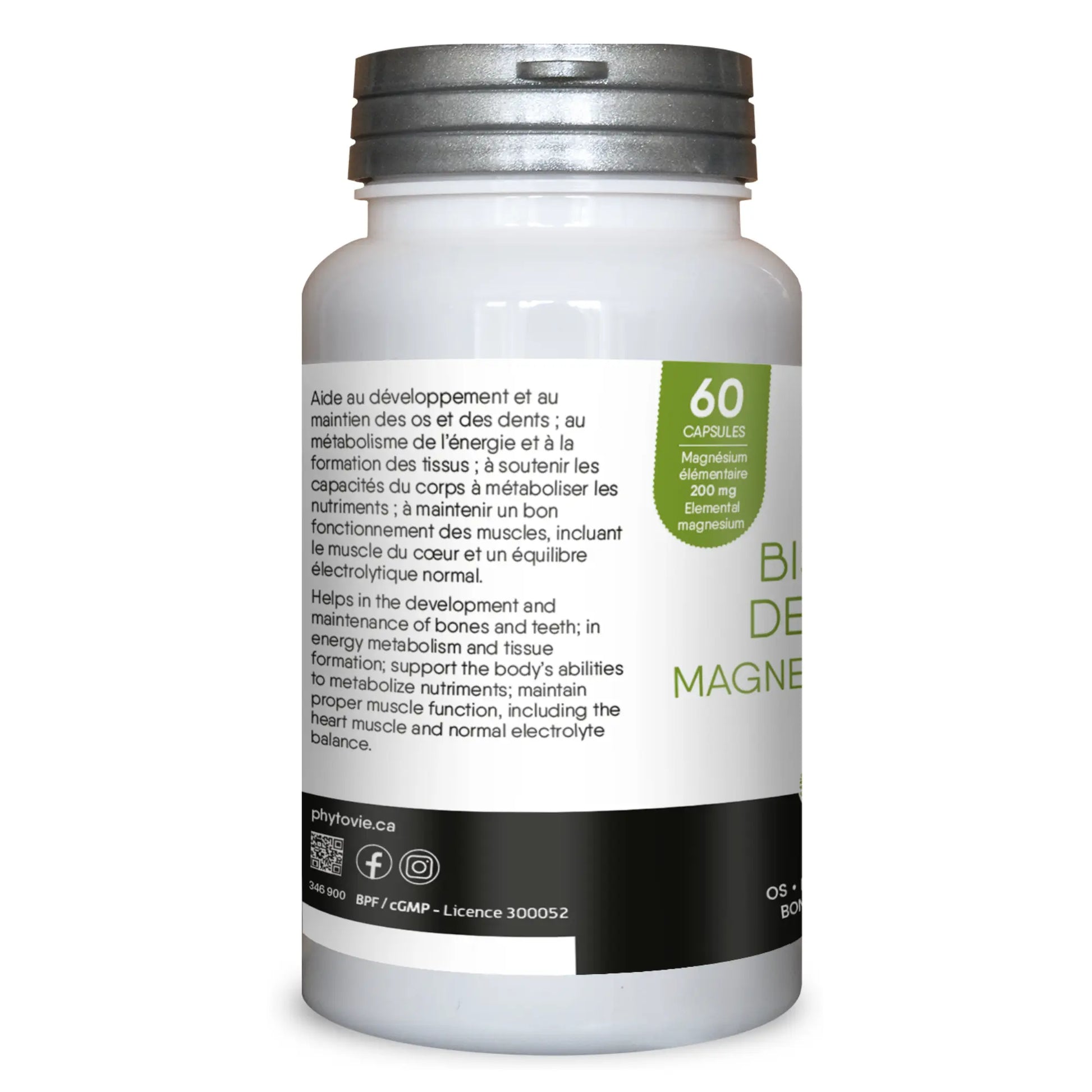 Vue latérale du flacon de bisglycinate de magnésium Phytovie indiquant la quantité de 60 capsules et la teneur en magnésium élémentaire