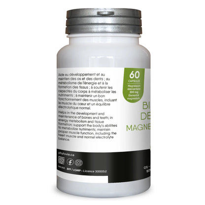 Vue latérale du flacon de bisglycinate de magnésium Phytovie indiquant la quantité de 60 capsules et la teneur en magnésium élémentaire