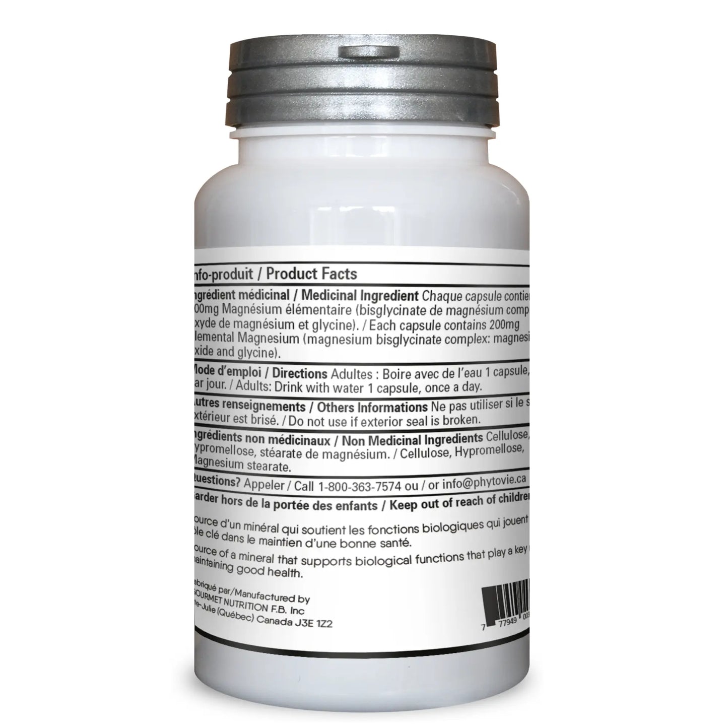 Dos du flacon de bisglycinate de magnésium Phytovie présentant les ingrédients médicinaux, la posologie, les avertissements et les informations produit