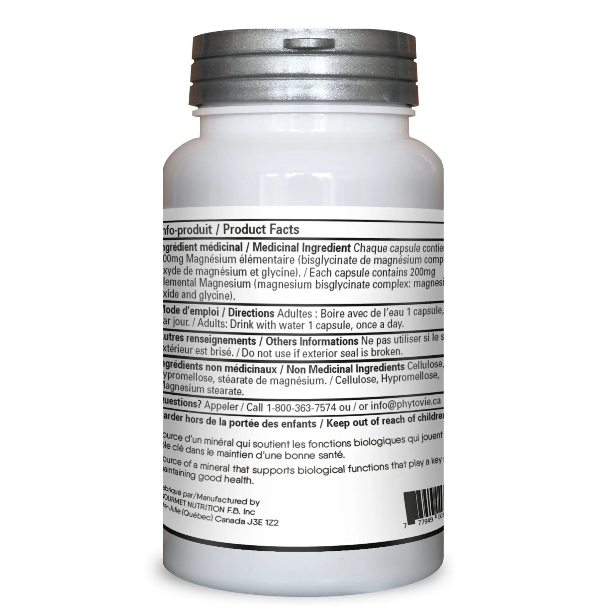 Dos du flacon de bisglycinate de magnésium Phytovie présentant les ingrédients médicinaux, la posologie, les avertissements et les informations produit