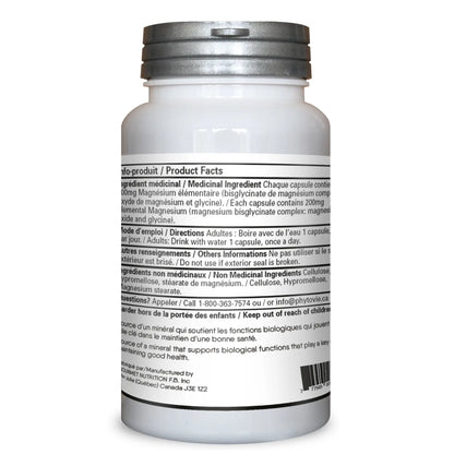Dos du flacon de bisglycinate de magnésium Phytovie présentant les ingrédients médicinaux, la posologie, les avertissements et les informations produit