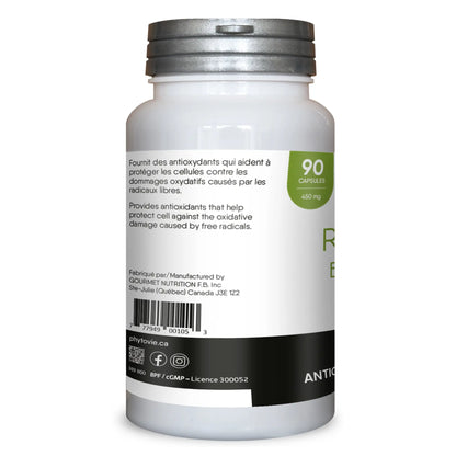 Vue latérale du flacon de capsules Reine des prés Phytovie indiquant la quantité de 90 capsules et la teneur par capsule