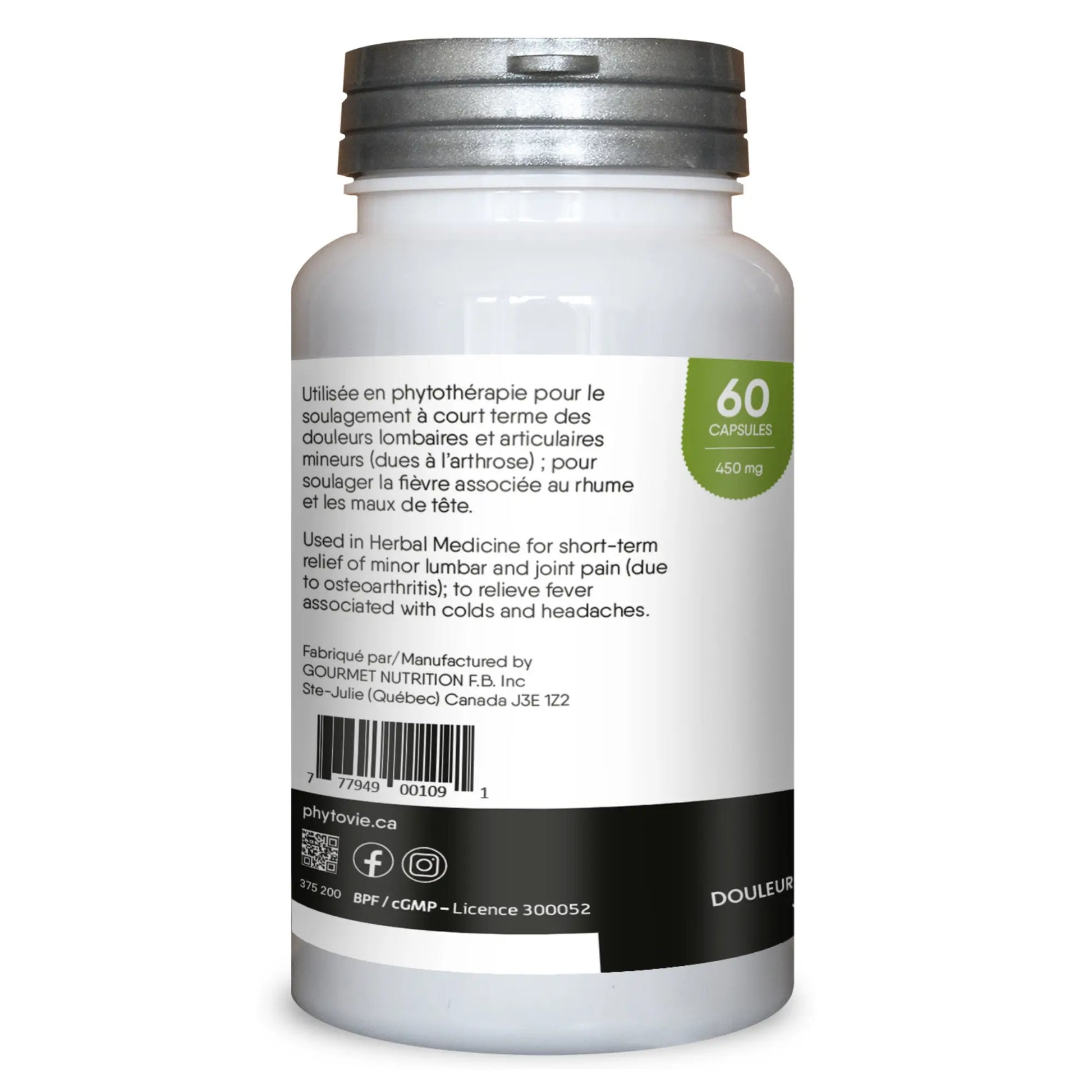 Vue latérale du flacon de capsules de saule Phytovie indiquant la quantité de 60 capsules et les informations produit

