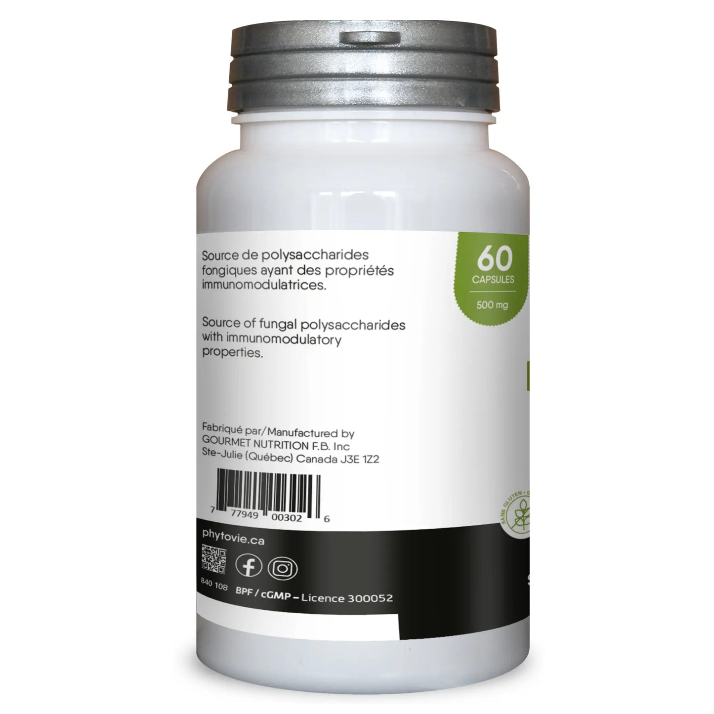 Vue latérale du flacon de capsules Lion’s Mane Phytovie indiquant la quantité de 60 capsules et la teneur de 500 mg par capsule
