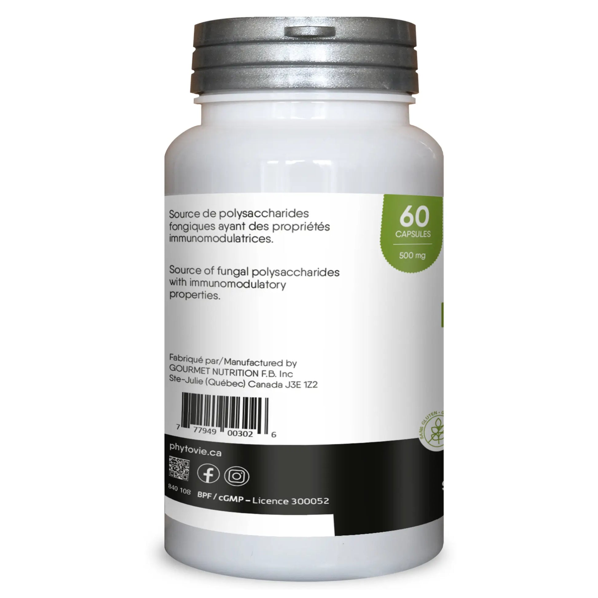 Vue latérale du flacon de capsules Lion’s Mane Phytovie indiquant la quantité de 60 capsules et la teneur de 500 mg par capsule