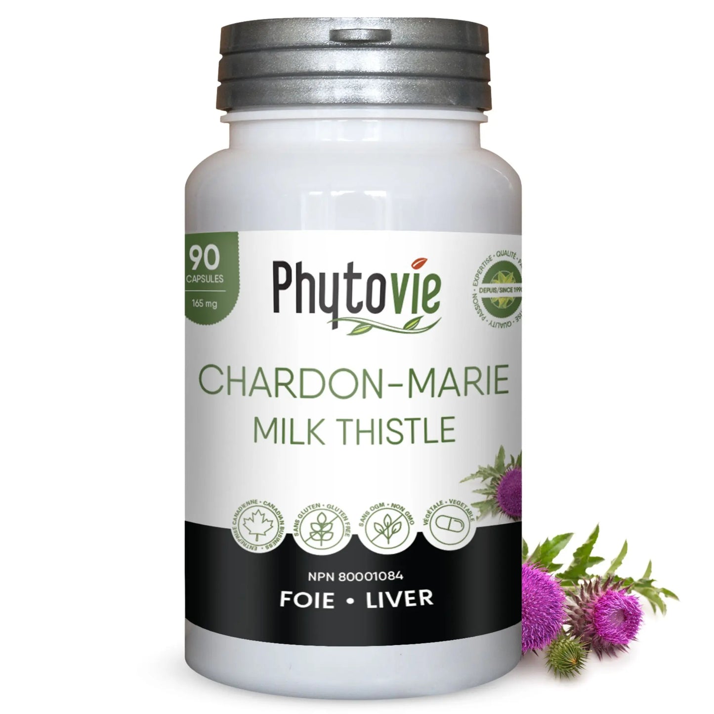 Phytovie Chardon-Marie 90 capsules 165 mg, supplément à base de chardon-marie favorisant le soutien du foie, la protection hépatique et les fonctions détoxifiantes de l’organisme