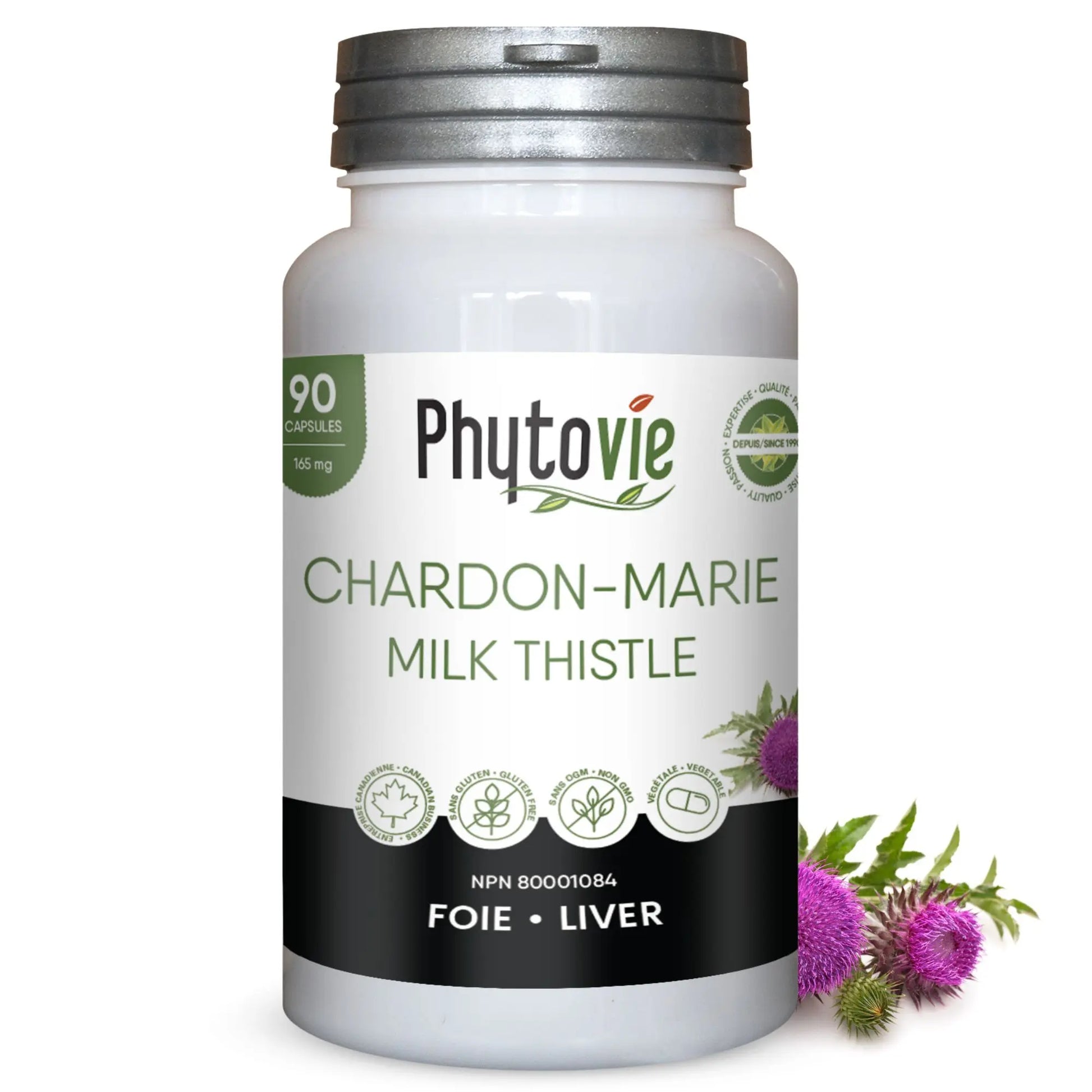 Phytovie Chardon-Marie 90 capsules 165 mg, supplément à base de chardon-marie favorisant le soutien du foie, la protection hépatique et les fonctions détoxifiantes de l’organisme