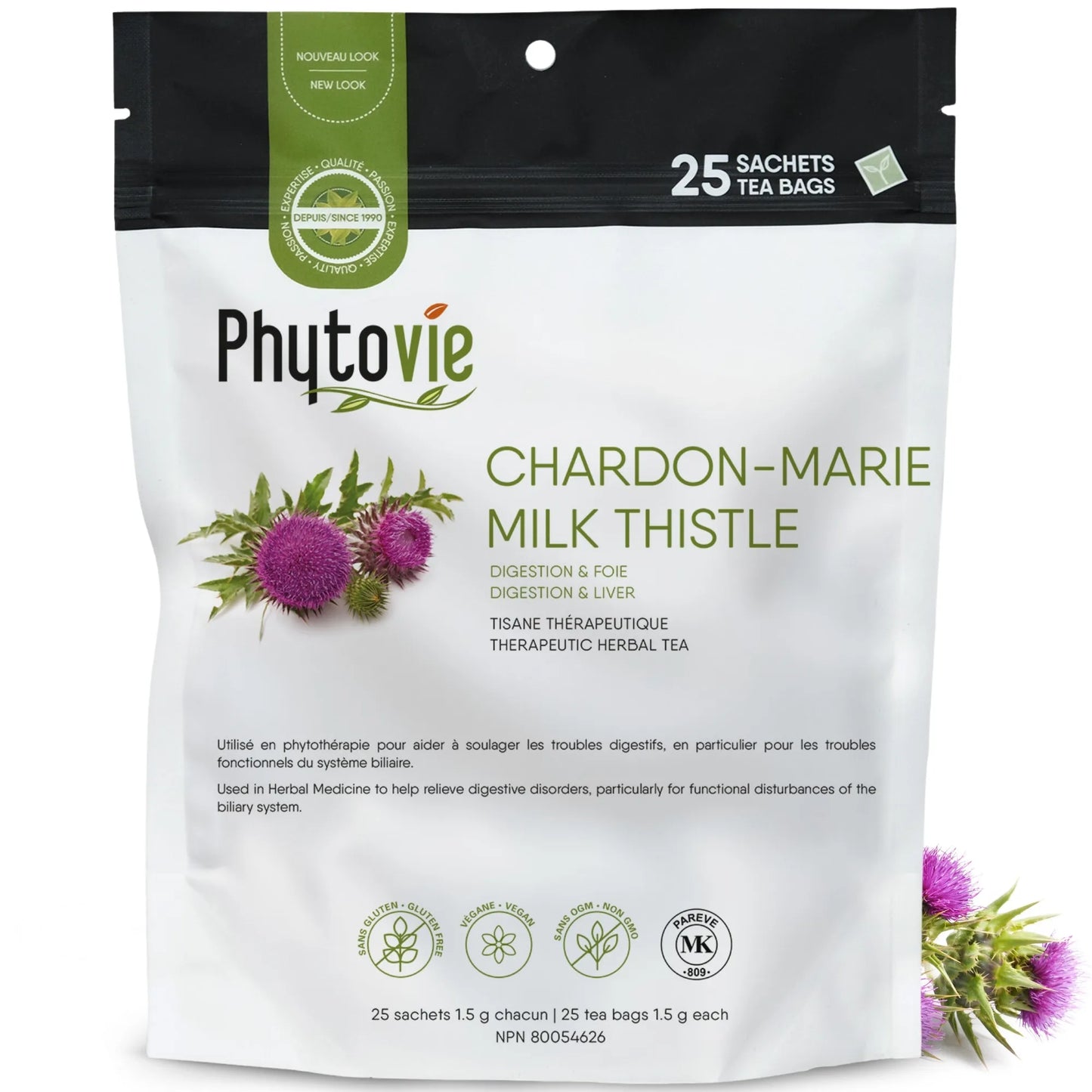 Tisane de chardon-marie en 25 sachets sur fond blanc avec plante de chardon-marie, reconnue pour soutenir le foie et favoriser la détoxification