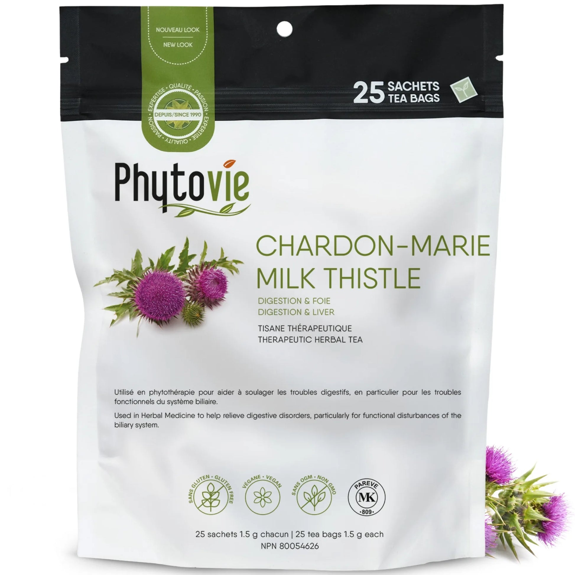 Tisane de chardon-marie en 25 sachets sur fond blanc avec plante de chardon-marie, reconnue pour soutenir le foie et favoriser la détoxification