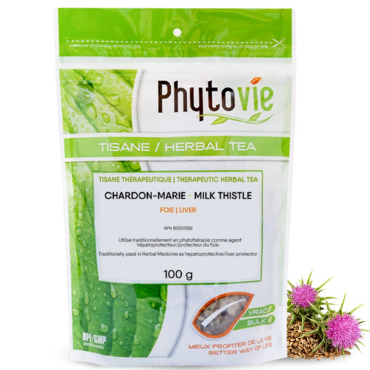 Tisane de chardon-marie en vrac 100g  sur fond blanc avec plante de chardon-marie, reconnue pour soutenir le foie et favoriser la détoxification