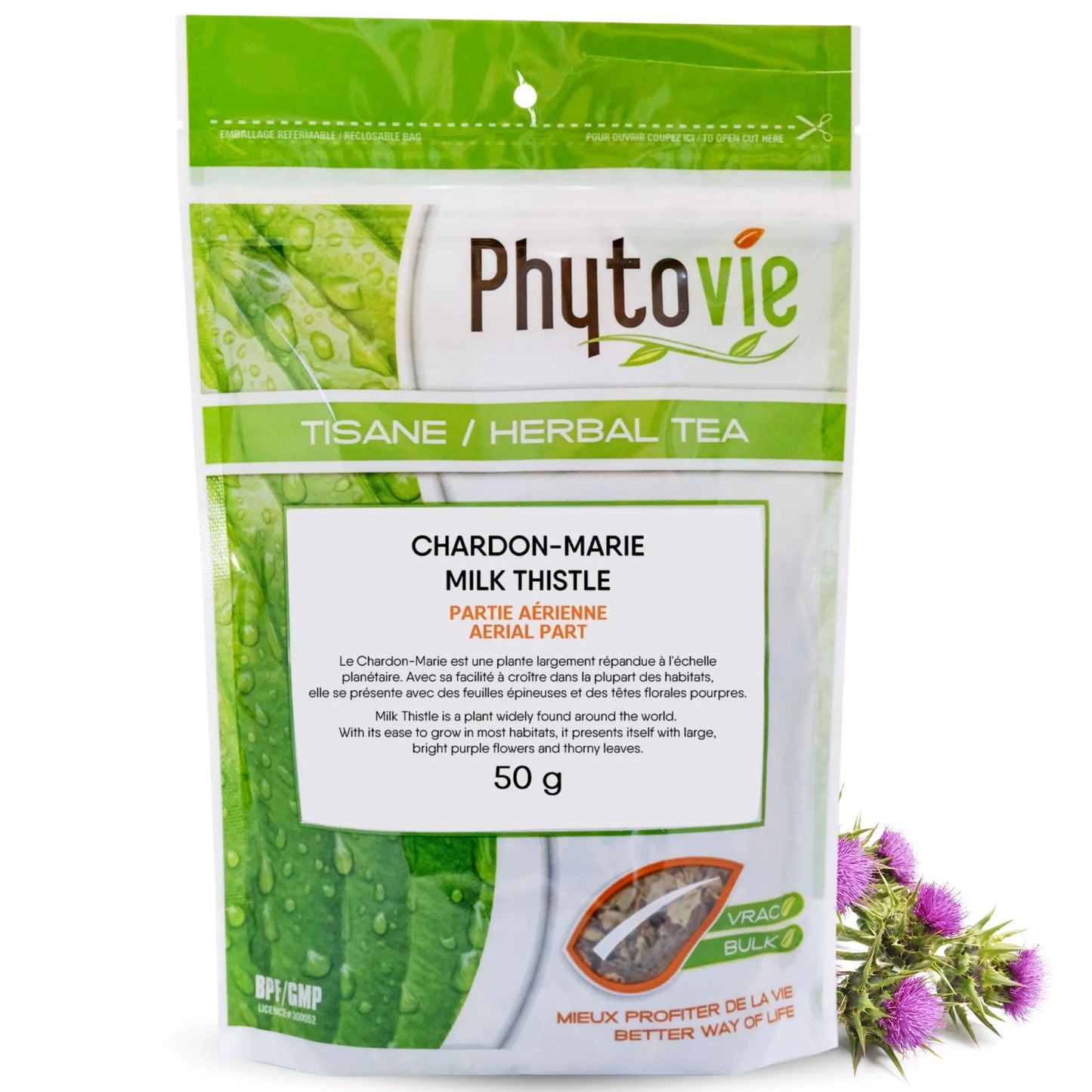 Tisane de chardon-marie en vrac 50g  sur fond blanc avec plante de chardon-marie, reconnue pour soutenir le foie et favoriser la détoxification