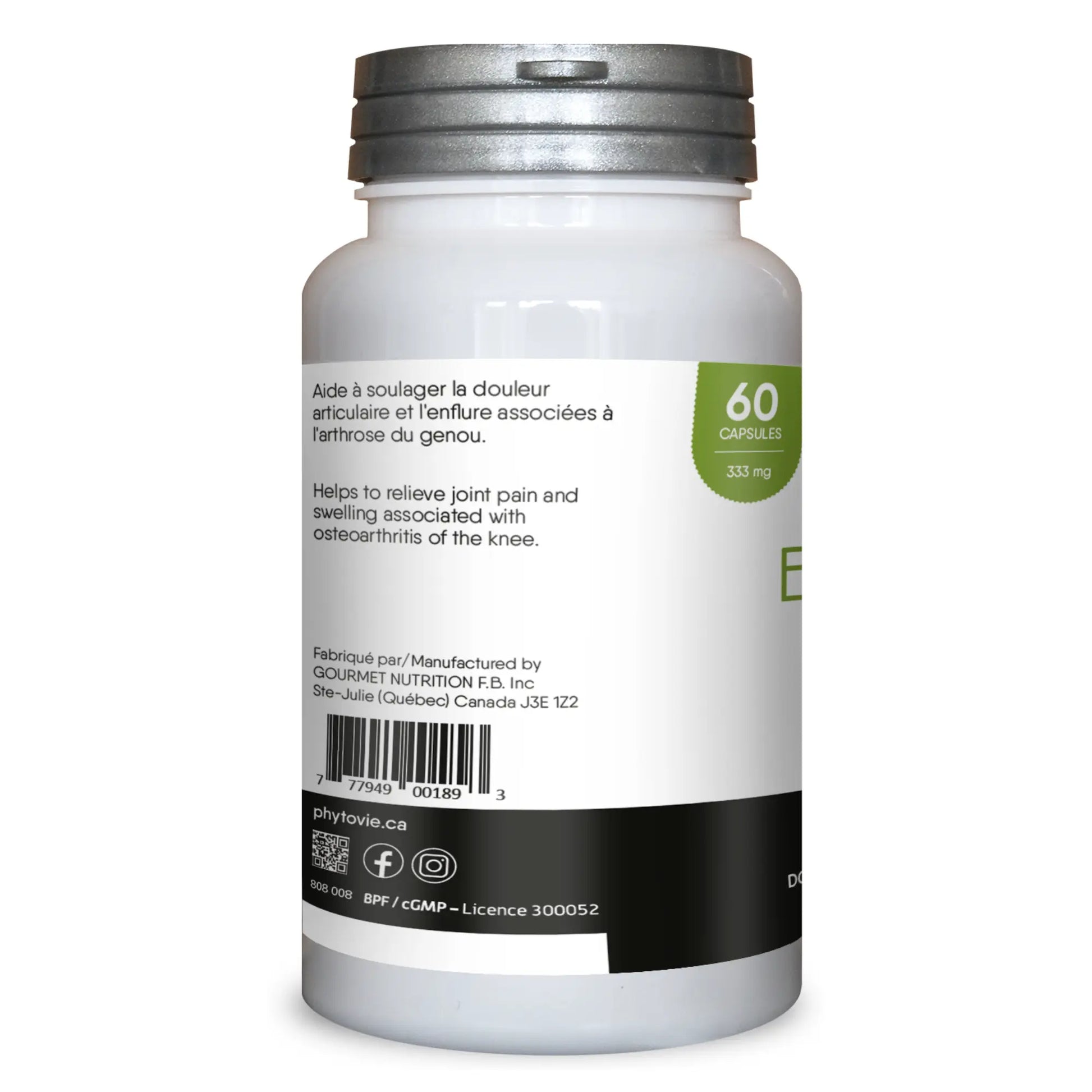 Vue latérale du flacon de capsules Boswellia serrata Phytovie indiquant la quantité de 60 capsules et la teneur de 333 mg par capsule