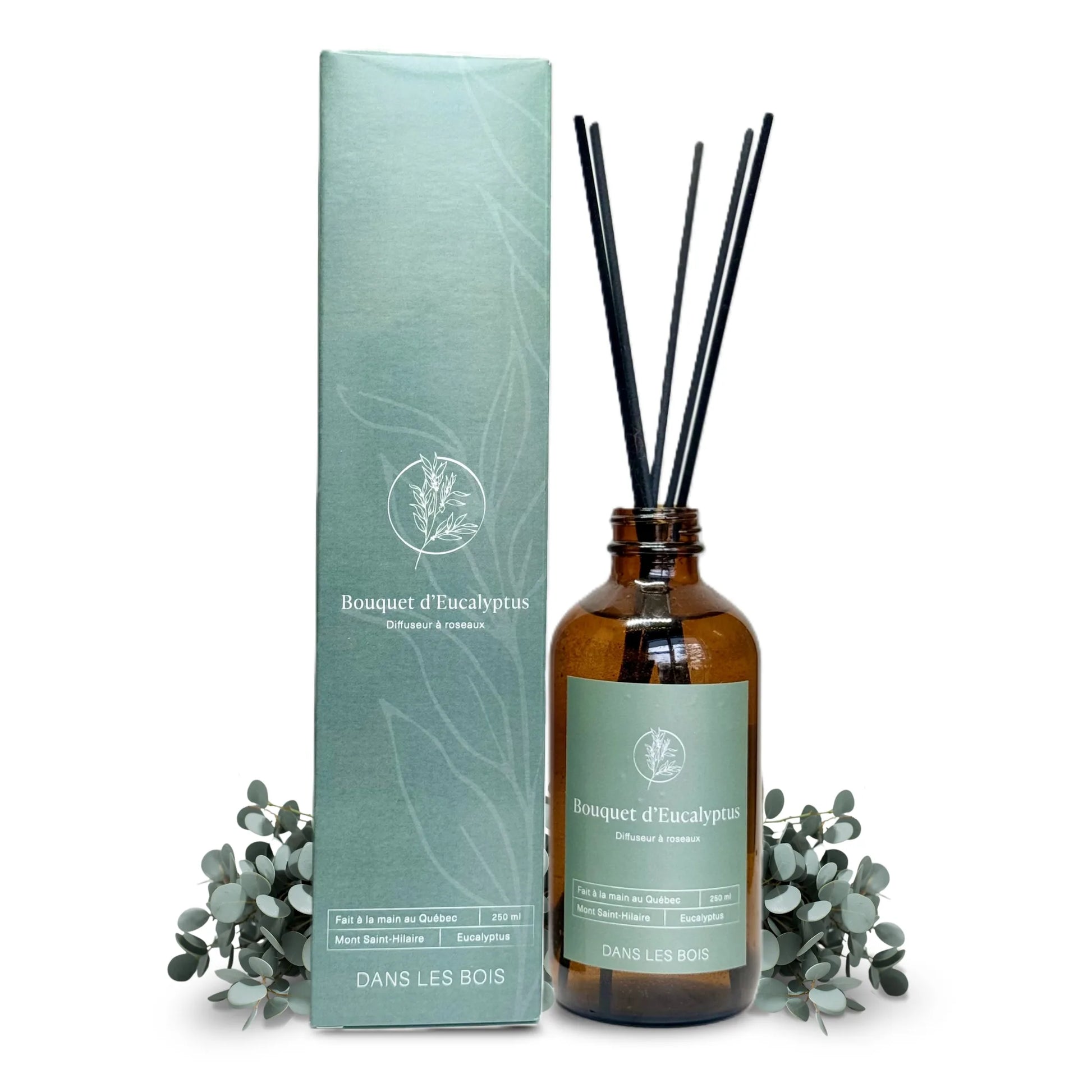 Diffuseur à roseaux Bouquet d’Eucalyptus 250 ml avec branches d’eucalyptus sur fond blanc, parfum frais et apaisant